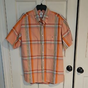 Lacoste Men's Peach and Green Plaid Button Down Shirt
